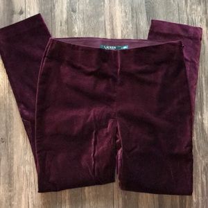 Ralph Lauren skinny velvet pants in cranberry red.